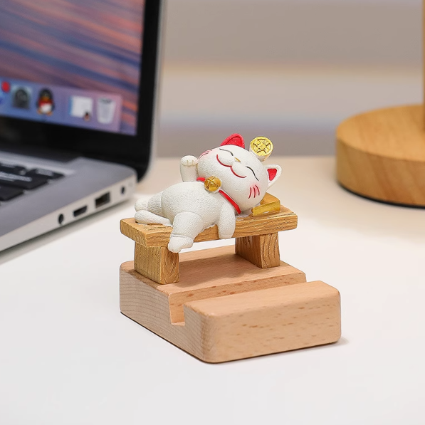 Lucky Cat Wooden Phone Stand