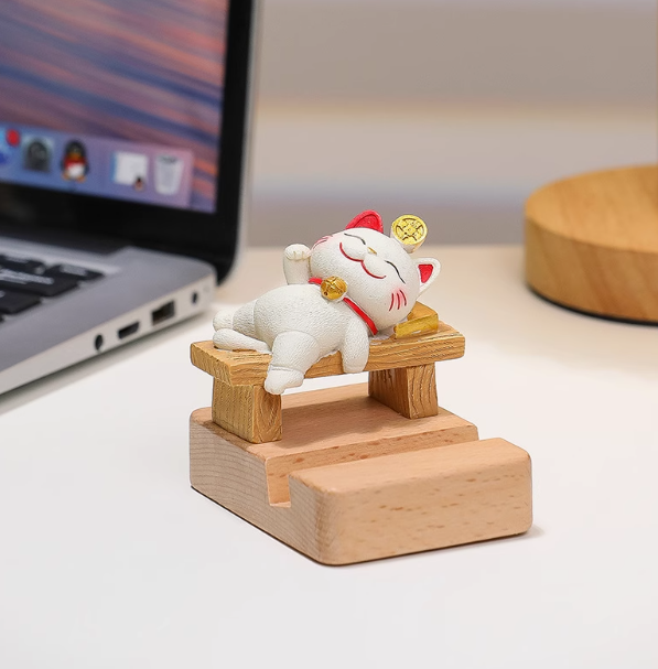Lucky Cat Wooden Phone Stand